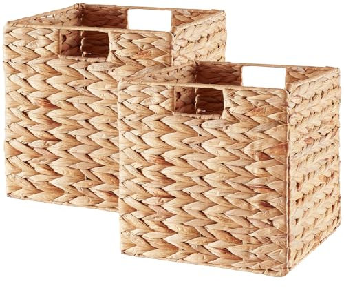 Vagusicc Storage Basket, Set of 2 Handwoven Water Hyacinth Storage Baskets, Foldable Wicker Storage Basket 9 Inch Cube Storage Bin for Shelves Laundry Organizer Square Shelf Baskets, 9''x9''x9''