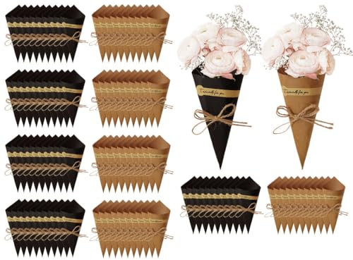 Kellegour 100pcs Cono Papel Kraft Vintage,Conos de Confeti,Conos Boda Bandeja,Conos de Papel Kraft para Boda,con Cuerda de Cáñamo Etiqueta Adhesiva,para Fiesta Cumpleaños Aniversario Ceremonia