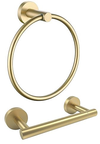 Toilet Paper Holder and Towel Ring, Towel Holder Wall Mounted SUS 304 Stainless Steel Double Post Pivoting Adjustable TP Large Mega Roll Holder-Brushed Gold