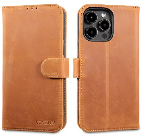 LENSUN Echtleder Hülle für iPhone 15 Pro Max, Handyhülle [Echtes Leder][Magnetverschluss][Kartenfach] Handytasche Lederhülle für iPhone 15 Pro Max 5G - Vintage Braun