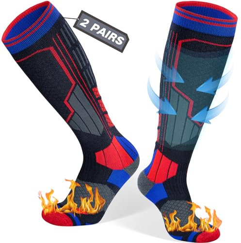 Reamphy 2 Paar Skisocken Merino Wollsocken Thermosocken für Herren Damen, Atmungsaktiv Kompressionsstrümpfe Warme Stützstrümpfe Kniehoch Dicke Kompressionssocken für Wintersport, Snowboard, 43-47