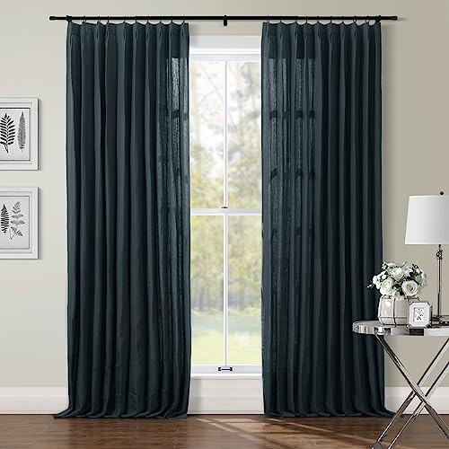 TWOPAGES Navy Belgian Flax Linen Curtain for Glass Door Extra Long Light Blocking Privacy Protection Lined Curtain, Solid Pinch Pleated Drape (52W x 120L Inches, 1 Panel)