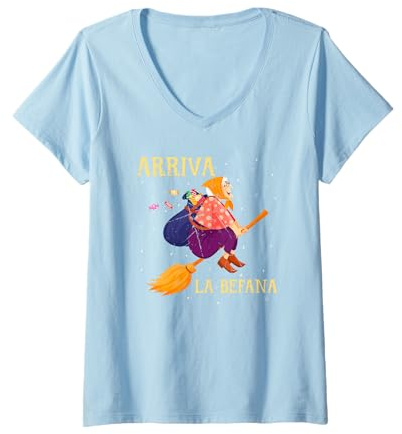 Arriva La Befana Italienische Folklore Dreikönigstag Weihnachten Italien T-Shirt mit V-Ausschnitt