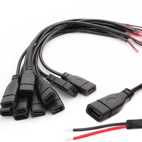VISSQH 10 Pièces Queue de cochon USB Type-C,22AWG 5V 3A USB-C femelle vers fil nu à 2 broches,USB type C rallonge de câble, prise USB C à soudable avec extrémité ouverte pour les bricoleurs (25 cm)