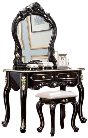 Schwarzer Frisiertisch mit Gewölbtem Spiegel und Gepolstertem Hocker, Vintage-Schminktisch-Set, Kosmetiktisch für Mädchen mit 2 Ausziehbaren Schubladen