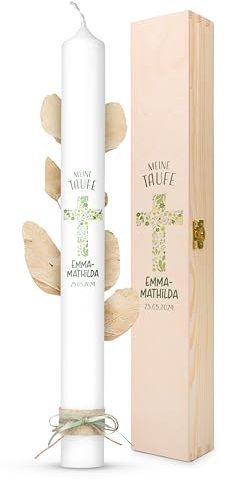 AMARI ® Taufkerze personalisiert Florales Krez (002.10.05) H:40cm/⌀:4cm - Taufkerze Mädchen/Junge - Kerze selber gestalten Taufe - Taufkerze selber machen - Taufkerze mit Namen