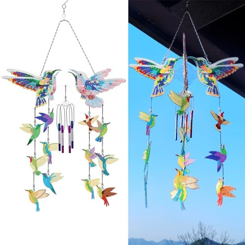 Generisch DIY Diamond Painting Sonnenfänger Windspiele Set, Diamond Painting Kolibri Windspiel Hängende Ornamente Set, Rotierender Windspiel Geschenke für Mutter, Garten Hof Fensterdeko-03