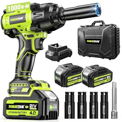 Robustrue 1000N.m (740Ft-lbs) Cordless Impact Wrench, 1/2 Inch Impact Gun Brushless, 0-2400 RPM, w/2x4.0Ah Battery, 4 Socket & Carry Box