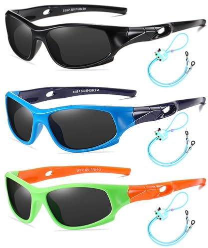 Rocf Rossini Pack of 3 Flexible Kids Sunglasses Polarized Sports Sun Glasses Girls Boys Cricket Shades with Straps UV400 Protection Eyewear for Age 2-10