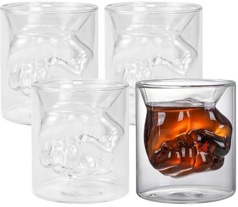 NAROSEBE 4 Pcs Verre Whisky Double Paroi, Verres à Shot en Forme de Poing, Verre Dégustation Rhum 150ml, Verre Vodka Isolée, Gobelet Whisky Drôle Transparent, pour Bar Alcool Tequila Cocktail Café