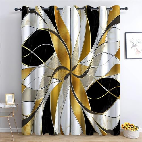 XCQHZYQ Gardinen Blickdichte Vorhänge Geometrische Goldene Schwarze Linien Thermo Vorhang Verdunkelung, Ösenvorhang Thermogardine Verdunklungsvorhänge Kinderzimmer, 2er Set, H 229 x B 168 cm