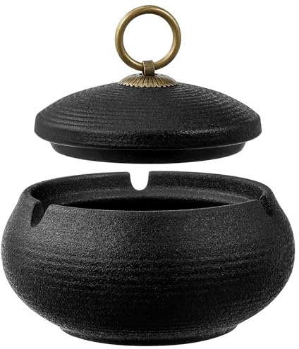 Zeawavsl Robuster Sturmaschenbecher für Draußen, Windaschenbecher aus schwarzer Keramik mit Deckel, Ideal für Terrasse, Balkon und Garten, Aschenbecher für den Outdoor Bereich