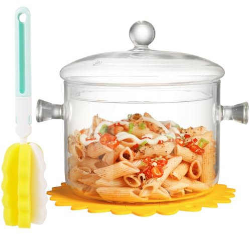 Clear Glass Cooking Pot With Lid And Brush And Silicone Hot Pads On Stove - 2L(68oz)Borosilicate Glass Simmer Pot And Pan With Cover - Glass Cookware Stovetop Pot Set For Pasta, Noodle, Soup, Milk