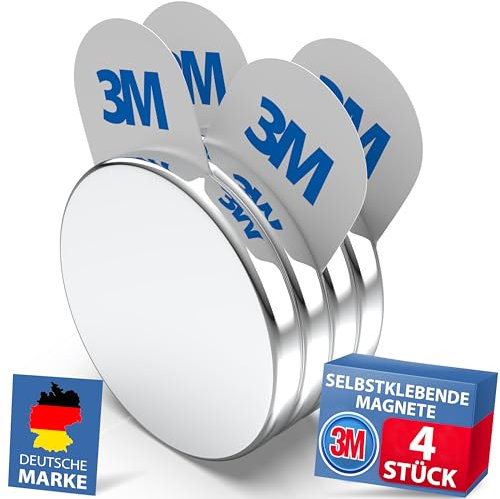 REORDA Neodym Magnete [STARKER 3M KLEBER] Maxi-Pack 4 Stück (20x3mm) | mit 3m Magnet klebepads | Powermagnete für Gewerbe, Whiteboard, Fotos & Kühlschrank