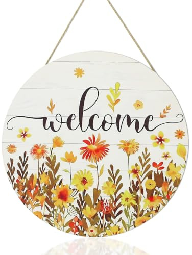 Huakaile Fall Floral Welcome Sign for Front Door Decor, Yellow Flower Welcome Door Sign, Seasonal Wooden Door Hangers, Farmhouse Wreath Hanging Signs Decoration for Porch Yard
