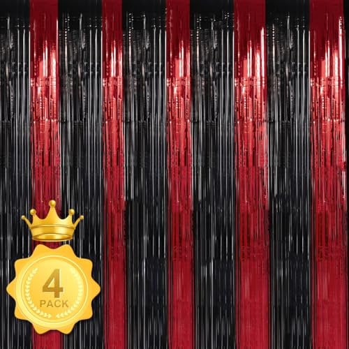 Feibmir 4 Stück Schwarz und Rot Lametta Vorhänge,Glitzer Vorhang Deko,Lametta Weihnachtsbaum,für Weihnachtsfeier Silvester Geburtstagsfeier Hochzeit