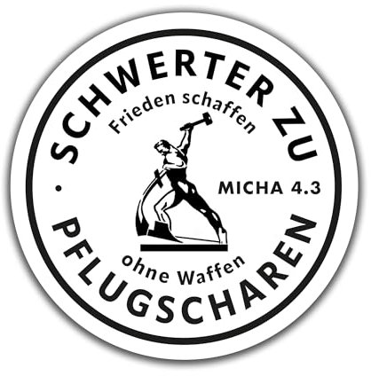 Die Staffelei Sticker „Schwerter zu Pflugscharen - Frieden schaffen ohne Waffen“ / selbstklebende Aufkleber in verschiedenen Ausführungen mit Infokarte (5 Stück schwarz, 10cm)
