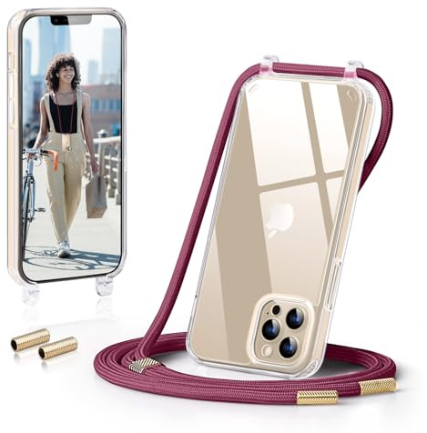GOODVISH Handykette für iPhone 13 Pro Hülle mit Band, WineRed | Kameraschutz und Bildschirmschutz, Transparent Necklace Handyhülle Schutzhülle für Umhängen Case mit Kordel 6.1