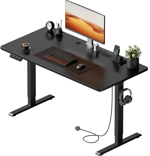 Precision Synergie Electric Standing Desk 140x60cm Height Adjustable Desks with USB Charging Port Cable Management and 3 Memory Smart Panels Sit Stand Desk for Office Home Black Frame Black Desktop