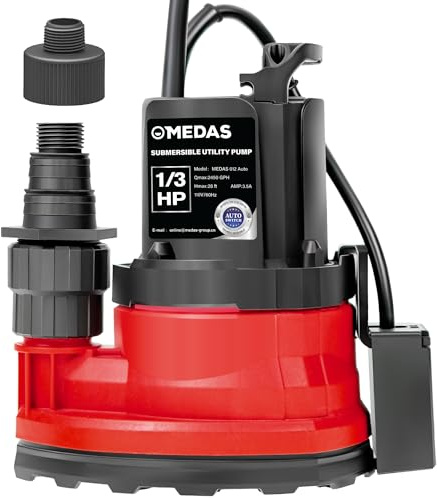 MEDAS Automatic Submersible Pump 1/3HP 2450GPH Sump Pump, Auto On/Off with Smart Sensor, Drains to 0.04, Portable Utility Water Pump for Basement, Pool, Garden Pond