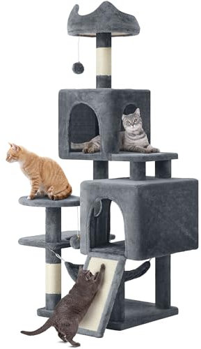 YITAHOME Large Cats Tree, 137 cm Tall, XL Tree, with 2 Sisal Posts, 1 Scratching Post, 1 Platform, 2 Caves, Hammock, Plush Balls, Scratching Board, Climbing Tree for Cats, Dark grey