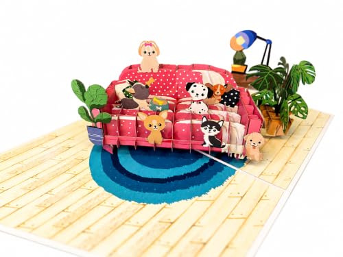 REMOtech 3D Pop-Up Karte Hunde auf Sofa - Süße Welpen Geburtstagskarte für Hundeliebhaber, Handgemachte Grußkarte inkl. Umschlag