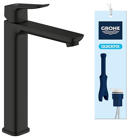 GROHE Dice Smooth Body - Miscelatore per lavabo autoportante (misura XL 270 mm, cartuccia in ceramica da 28 mm, risparmio idrico, code 3/8, facile da montare con QuickTool incluso), nero opaco