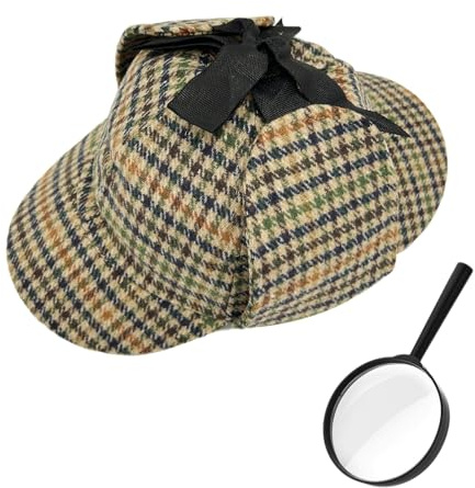 YAUOIPI 2 Pcs Victorian Detective Costume Kit, Detective Sherlock Fancy Dress Accessory Set, Deerstalker Hat + Magnifying Glass, for World Book Day Outfits, Halloween Party Accessories
