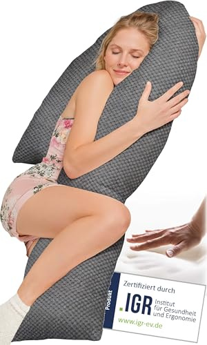 Traumreiter Seitenschläferkissen Visco in J Form, Memory Foam + Watte [Wendekissen] orthopädisch | Schwangerschaftskissen zum Schlafen Stillkissen Kissen, Komfortkissen mit Bezug Grau Deluxe