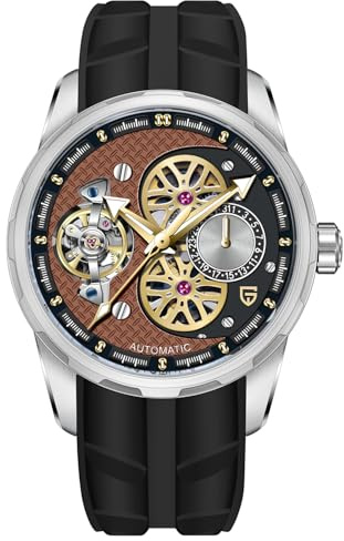 TAYSHILEY Pagani Design Herren Automatik Mechanische Uhr Skelett Zifferblatt Sport Uhr mit Fluorkautschuk Armband Synthetisches Saphirglas Luxus Automatik Armbanduhr für Männer Automatischer Kalender