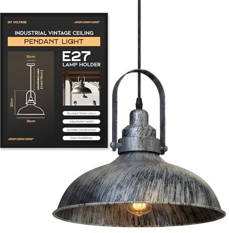 DC VOLTAGE Vintage Style Brushed Silver Metal Ceiling Pendant Light 36cm W Curvy Shape Industrial E27 Large Lamp Shade Fitting Fixtures Easy Fit Decor for Island Kitchen Bedroom Cafe Living Room