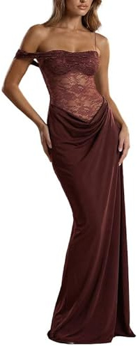 Sukiglam Vestito Donna Elegante Monospalla Spaghetti Strap Abito Lungo in Pizzo Floreale Aderente Vestiti Senza Maniche Sexy Maxi Abiti con Alto Spaccato Laterale Bodycon Abito da Discoteca Festa Sera