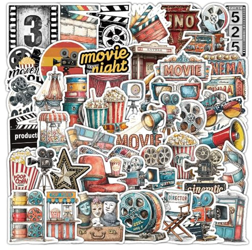 Vintage Film Aufkleber 50 Stück Wasserdichte Cartoon Ästhetisches Retro Filmabend Thema Sticker für Laptop Wasserflasche Kindle Skateboard Gepäck,Lustige Popcorn Stickers für Erwachsene Mädchen