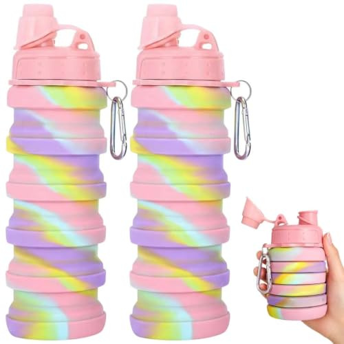 dkjfei 2 Pcs Collapsible Water Bottle, 500ml Water Bottles Silicone | Camo Pink Color Portable Silicone Water Bottle for School Hydration And Outdoor Adventures