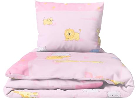Baby Comfort 2-Piece Toddler Duvet & Pillow Set - 120x90 cm - 100% Cotton Breathable Fabric - Machine Washable Quilted Bedding for Cot Bed 12M+ (Zoo Pink)