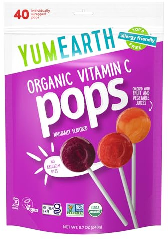 YumEarth Organic Vitamin C Pops Variety Pack, 40 Fruit Flavored Favorites Lollipops, Allergy Friendly, Gluten Free, Non-GMO, Vegan, No Artificial Dyes