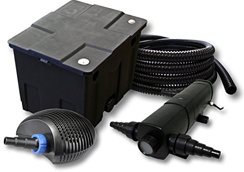 SunSun Komplettset: CBF-350 Teichfilter bis 12000 L Teichfilteranlage als Durchlauffilter, CTF-3800 SuperECO Teichpumpe 3600l/h 20W, CUV-224 Teichklärer UVC Klärer mit 24W, 25m Teichschlauch 25 mm