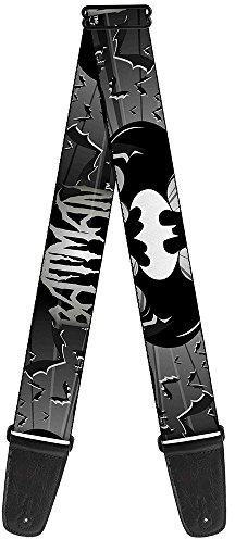 buckle-down Guitar Strap 34-60 Inches Batman w/Bat Signals & Flying Bats Black/White | Hand Crafted In USA, Adjustable Officially Licensed Strap For Kids, Adults & Beginners, 2 Inch Wide, 29 To 54 Inch Length
