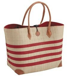 Sac cabas en rabane rayé rouge et blanc avec bandoulières et coins en cuir
