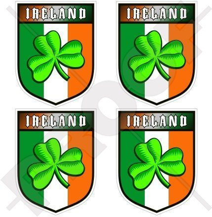 IRLAND irischer EIRE Shamrock, Kleeblatt Schild 50mm Auto & Motorrad Aufkleber, x4 Vinyl Stickers