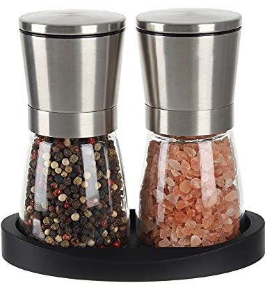 VEVOK CHEF Salt and Pepper Grinder Set Stainless Steel Adjustable Coarseness Ceramic Pepper Mill Salt Crusher with Silicone Tray Salt and Pepper Shaker Spice Grinder Kitchen