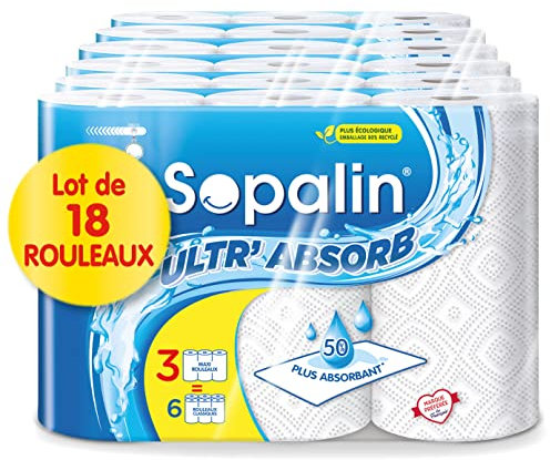 Sopalin Ultr’Absorb - 18 maxi rouleaux égal à 36 rouleaux classiques - 50% plus absorbant - Maxi rouleaux 2 fois plus longs - Demi-feuilles, Blanc