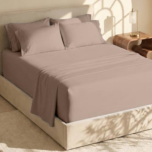 Hearth & Harbor Fits Mattress up to 21, Double Brushed Bedding Sheets & Pillowcases, Microfiber, Taupe, Split King Size