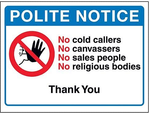 V Safety Polite Notice: No Cold Callers Or Sales People Sign - 200mm x 150mm - Self Adhesive Vinyl