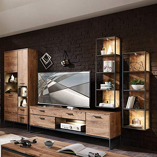 Lomadox Industrial-Design TV-Wohnwand in Haveleiche Cognac Dekor mit Matera anthrazit
