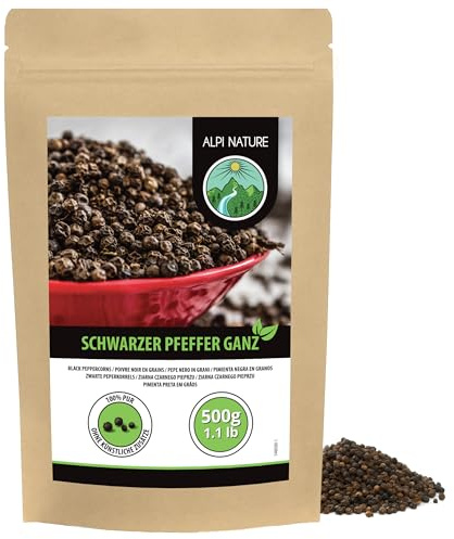 Alpi Nature Pimienta Negra en Grano 500g, Granos de Pimienta Negra Enteros para Cocinar