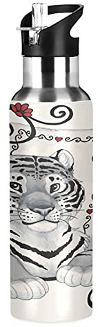 Vnurnrn Carte De Tigre Mignon Bébé Animal Bouteille d'eau Isotherme avec Paille en Acier Inoxydable Gourde 600ML, Sans Bpa Gourdes Eau pour Enfant Sport Randonnée École Bureau