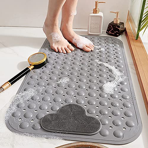 Bathsafe Extra Large Non Slip Shower Mat with Foot Scrubber Brush,Strong Suction Cups Foot Massager Cleaner Bath Mat with Drain Holes Soft TPE Machine Washable Safety Bathtub Mats Pads,16X28Inch,Gray