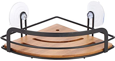 MSV Étagère de Douche d'angle avec ventouses en Acier et Bambou Noir Mat 21 x 21 x 9 cm