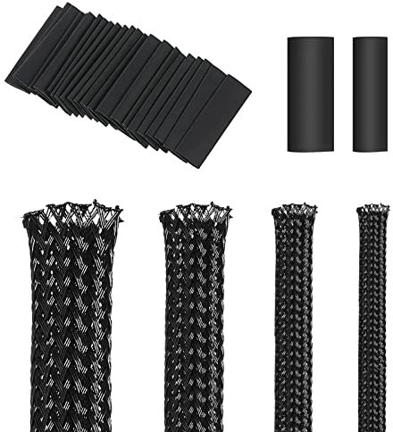 4 rotoli di guaina in PET nero da 5 m per cavo intrecciato espandibile, con 20 tubi termorestringenti (8/10 mm), per cavi audio e video per dispositivi domestici (6/8/12/16 mm)